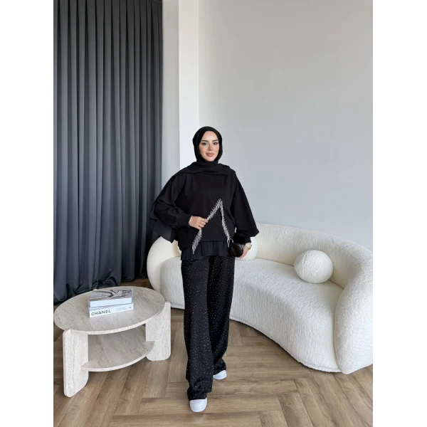 Ela Taş Detaylı Sweat - Siyah