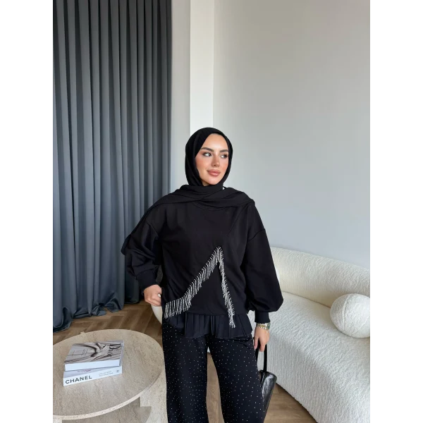 Ela Taş Detaylı Sweat - Siyah