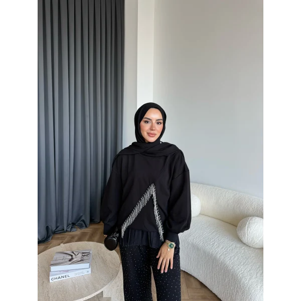 Ela Taş Detaylı Sweat - Siyah
