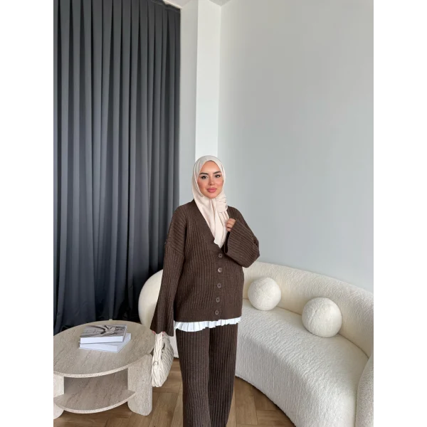 Elenor Düğmeli Triko Takım - Kahve