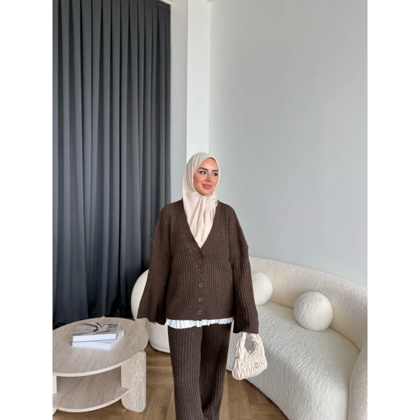Elenor Düğmeli Triko Takım - Kahve