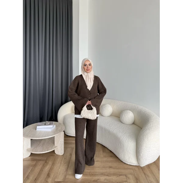 Elenor Düğmeli Triko Takım - Kahve