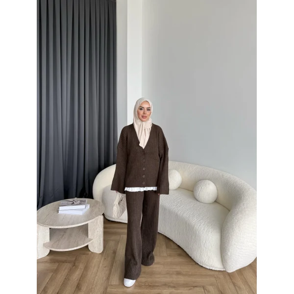 Elenor Düğmeli Triko Takım - Kahve