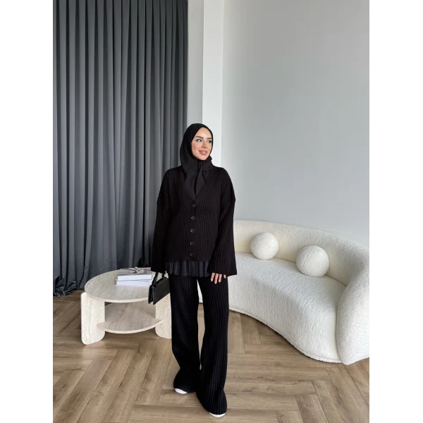 Elenor Düğmeli Triko Takım - Siyah