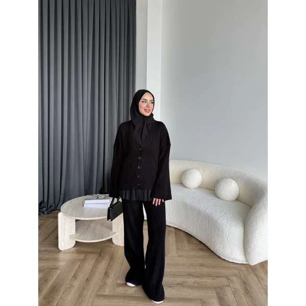 Elenor Düğmeli Triko Takım - Siyah