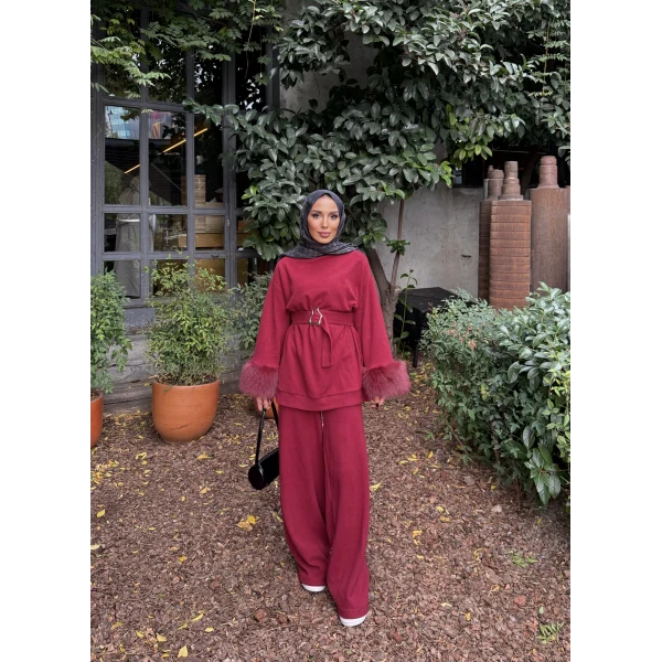 Estes Kolu Kürklü Takım - Bordo