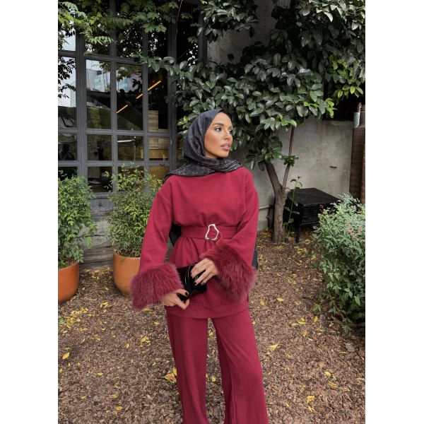 Estes Kolu Kürklü Takım - Bordo