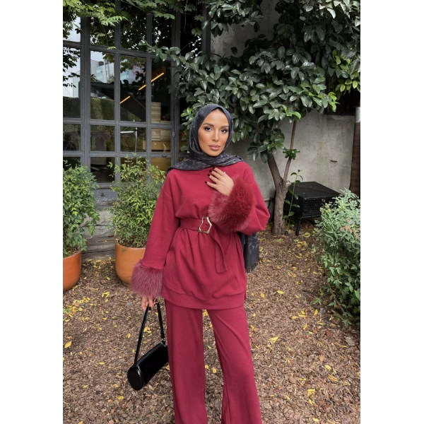 Estes Kolu Kürklü Takım - Bordo