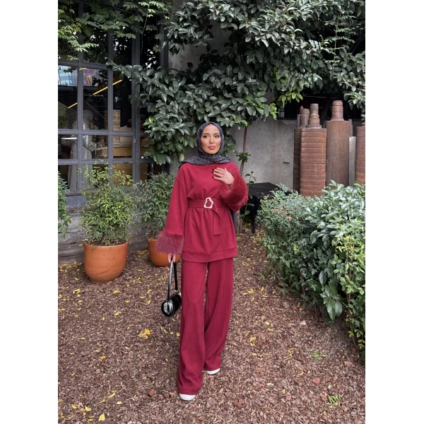 Estes Kolu Kürklü Takım - Bordo