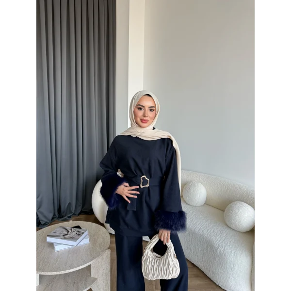 Estes Kolu Kürklü Takım - Lacivert