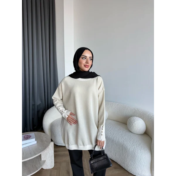 Evar Simli Kolu Düğmeli Triko Kazak - Bej