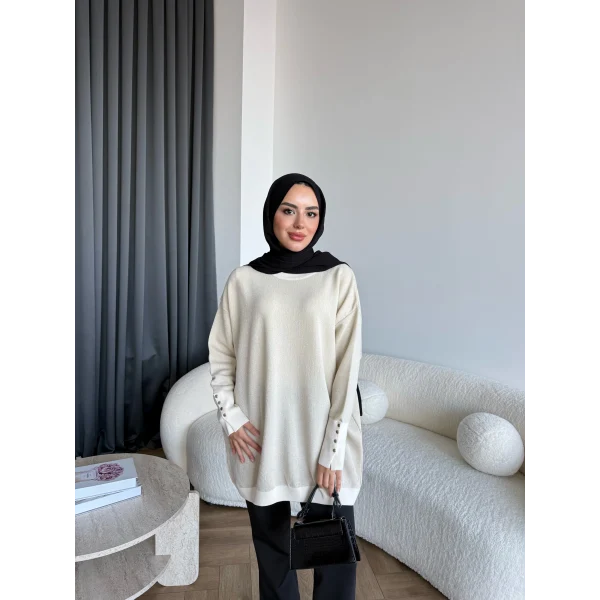 Evar Simli Kolu Düğmeli Triko Kazak - Bej