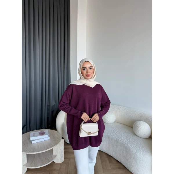 Evar Simli Kolu Düğmeli Triko Kazak - Bordo
