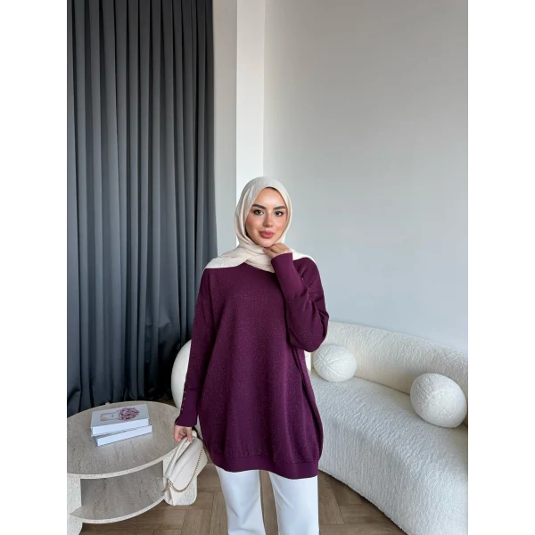 Evar Simli Kolu Düğmeli Triko Kazak - Bordo