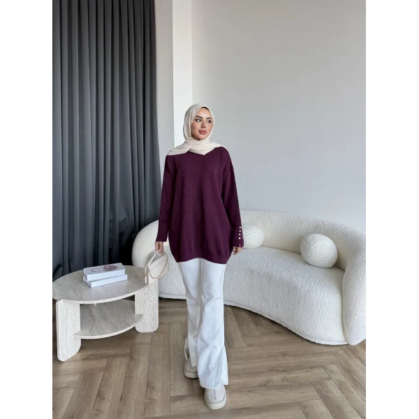Evar Simli Kolu Düğmeli Triko Kazak - Bordo