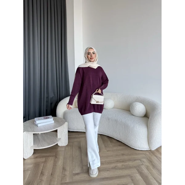 Evar Simli Kolu Düğmeli Triko Kazak - Bordo