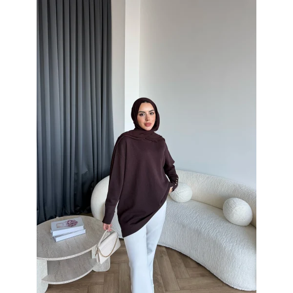 Evar Simli Kolu Düğmeli Triko Kazak - Kahve