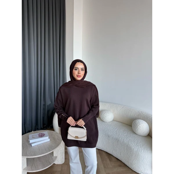 Evar Simli Kolu Düğmeli Triko Kazak - Kahve