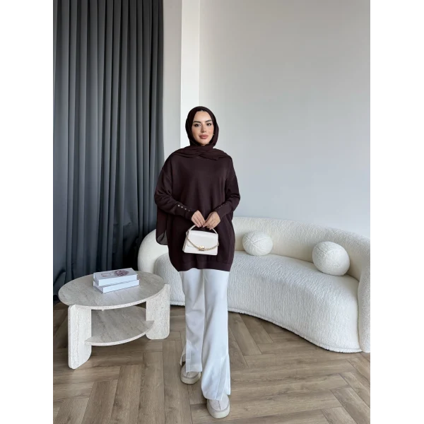 Evar Simli Kolu Düğmeli Triko Kazak - Kahve