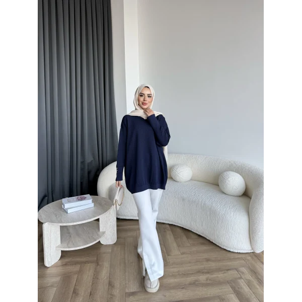 Evar Simli Kolu Düğmeli Triko Kazak - Lacivert