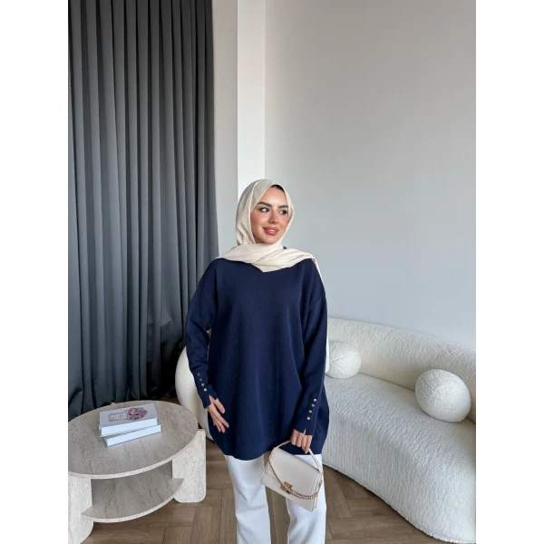 Evar Simli Kolu Düğmeli Triko Kazak - Lacivert