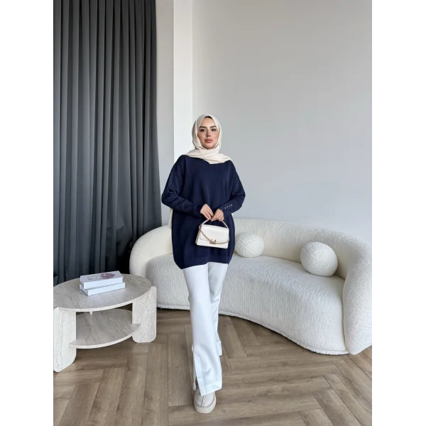 Evar Simli Kolu Düğmeli Triko Kazak - Lacivert