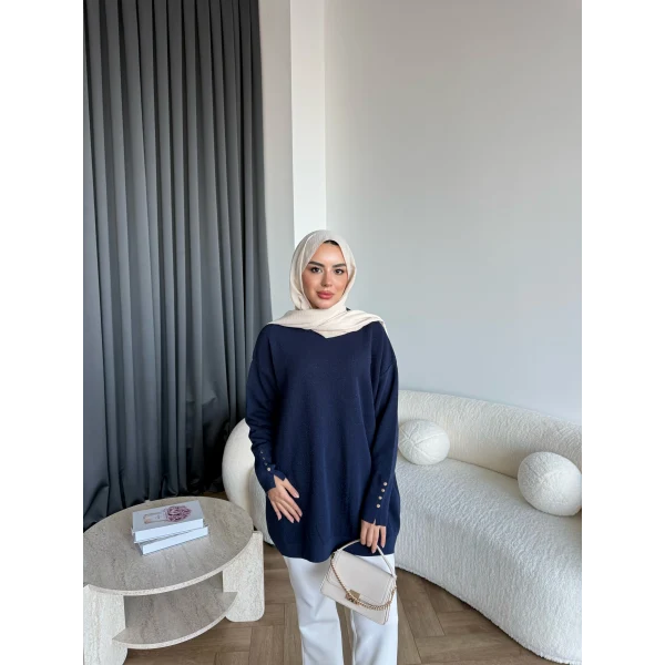 Evar Simli Kolu Düğmeli Triko Kazak - Lacivert