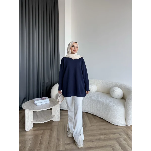 Evar Simli Kolu Düğmeli Triko Kazak - Lacivert