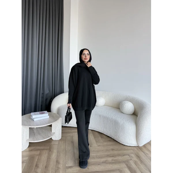 Evar Simli Kolu Düğmeli Triko Kazak - Siyah