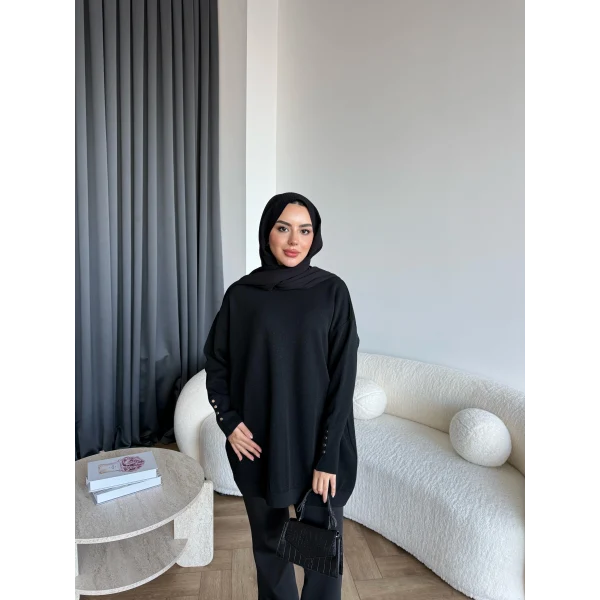 Evar Simli Kolu Düğmeli Triko Kazak - Siyah