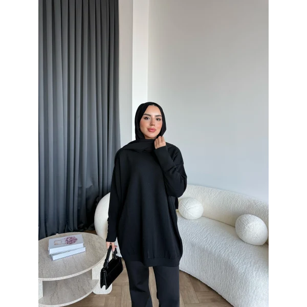 Evar Simli Kolu Düğmeli Triko Kazak - Siyah