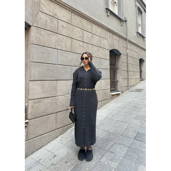 Evsa Mini Gold Düğmeli Elbise - Antrasit