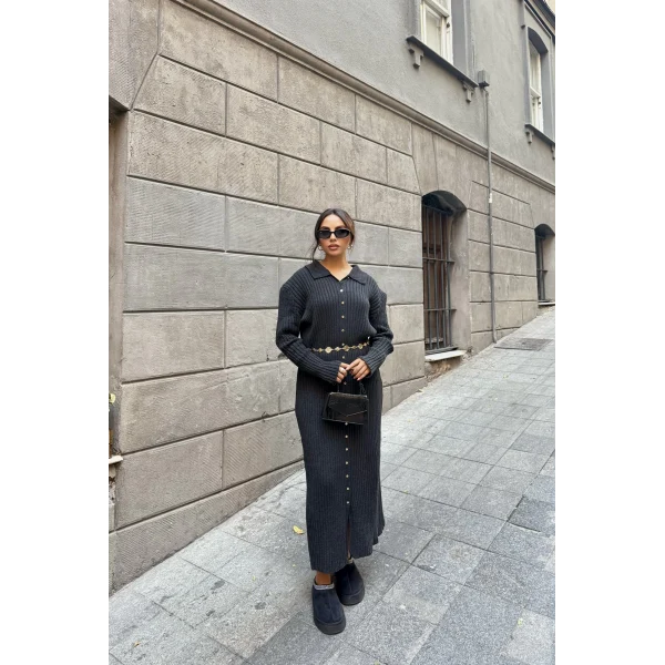 Evsa Mini Gold Düğmeli Elbise - Antrasit