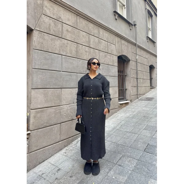 Evsa Mini Gold Düğmeli Elbise - Antrasit