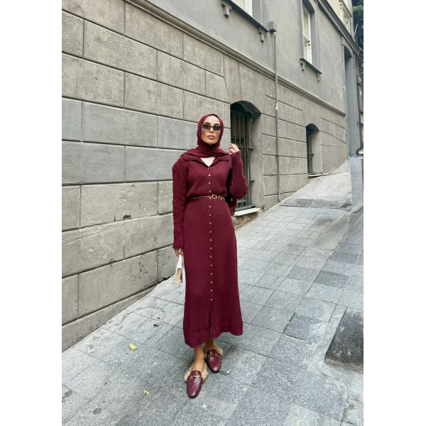 Evsa Mini Gold Düğmeli Elbise - Bordo