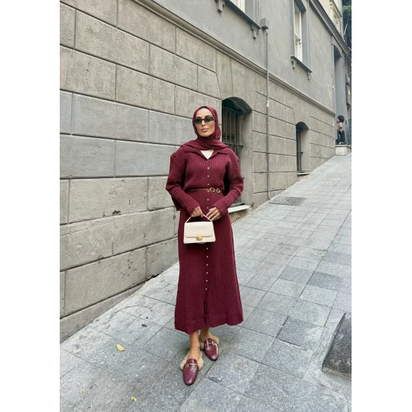 Evsa Mini Gold Düğmeli Elbise - Bordo