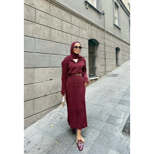 Evsa Mini Gold Düğmeli Elbise - Bordo