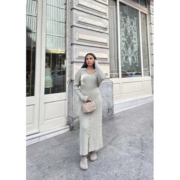 Evsa Mini Gold Düğmeli Elbise - Yeşil