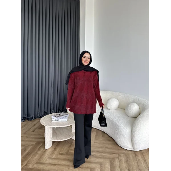 Faramis Baklava Tüylü Kazak - Bordo