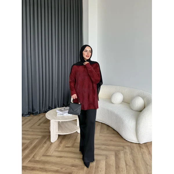 Faramis Baklava Tüylü Kazak - Bordo