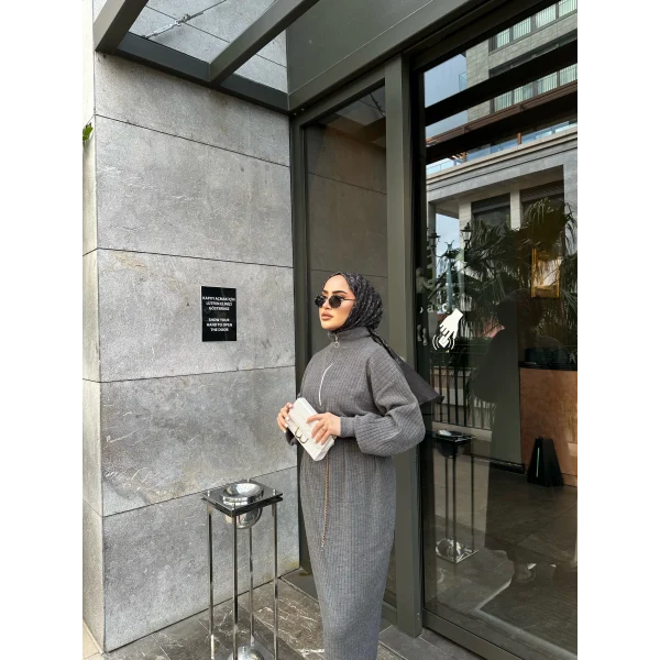 Fermuar Detaylı Triko Elbise - Gri