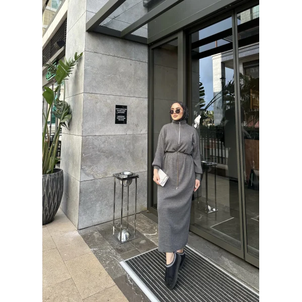 Fermuar Detaylı Triko Elbise - Gri