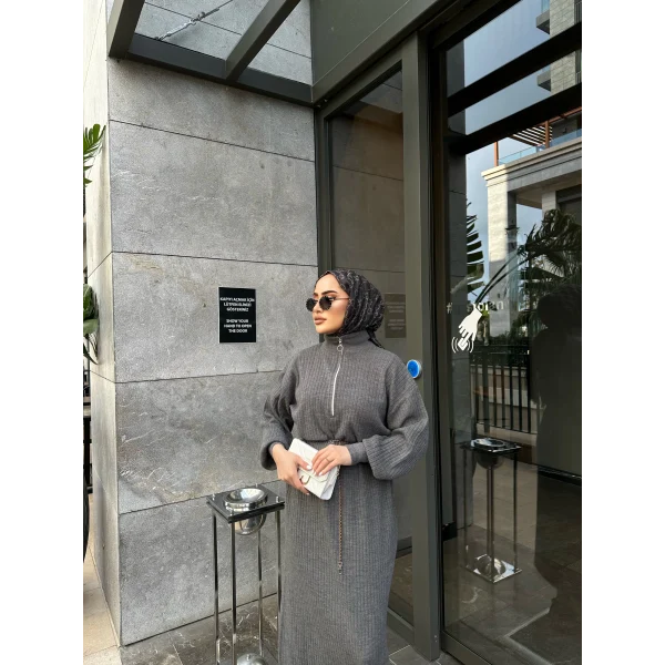 Fermuar Detaylı Triko Elbise - Gri