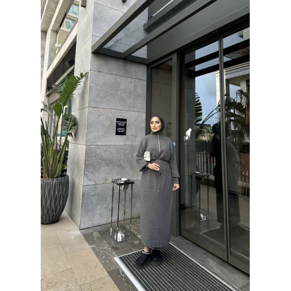 Fermuar Detaylı Triko Elbise - Gri