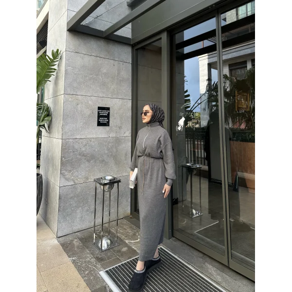 Fermuar Detaylı Triko Elbise - Gri