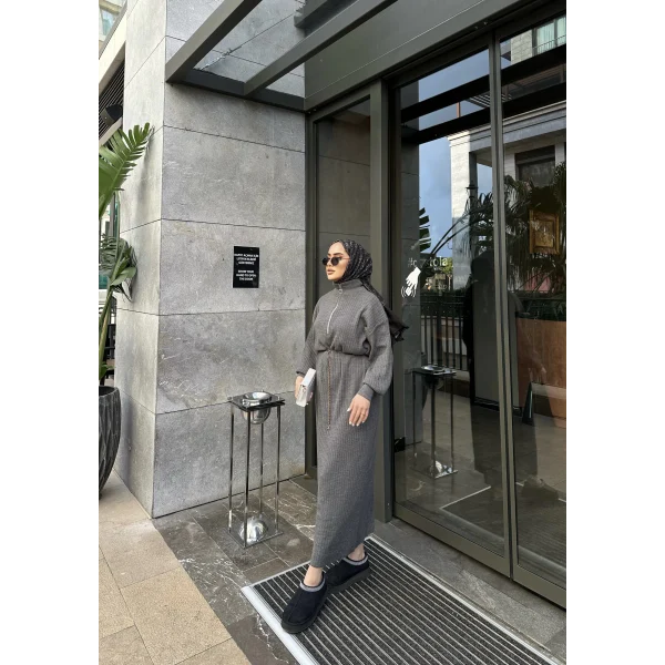 Fermuar Detaylı Triko Elbise - Gri