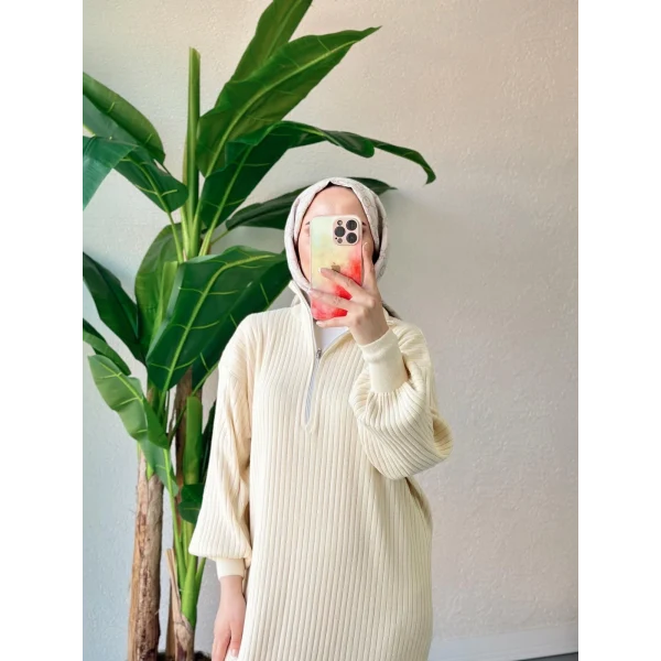 Fermuar Detaylı Triko Elbise - Krem