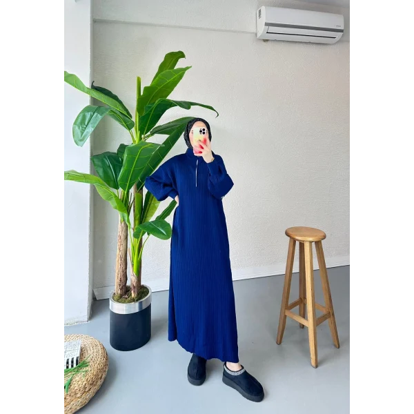 Fermuar Detaylı Triko Elbise - Lacivert