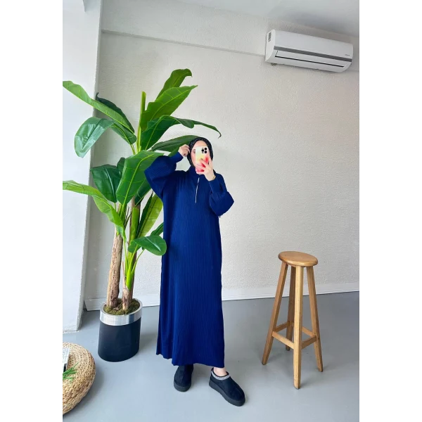 Fermuar Detaylı Triko Elbise - Lacivert