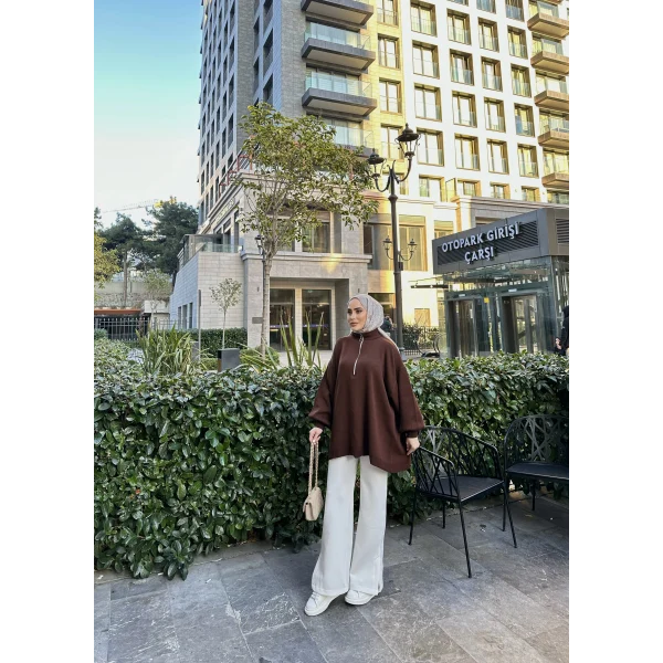 Fermuarlı Sweat Model Triko Kazak - Acı Kahve